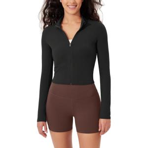 imageODODOS Womens FullZip Athletic Jacket Cloud Feeling Soft Long Sleeve SlimFit Running Gym Workout Yoga Cropped TopsOnyx Black Grey