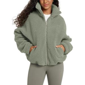 imageODODOS Womens Sherpa Fleece FullZip Jacket Long Sleeve Coat Soft Warm Cinchable Outerwear with PocketsCeladon Green