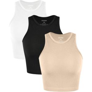 imageODODOS 3Pack Seamless Crop Tank for Women Ribbed Soft High Neck Cropped TopsBeigeblackwhite