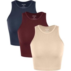 imageODODOS 3Pack Seamless Crop Tank for Women Ribbed Soft High Neck Cropped TopsBeigeclaretnavy