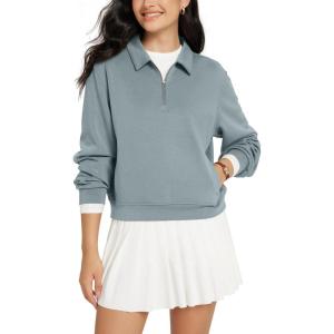imageODODOS Modal Soft HalfZip Collared Sweatshirts for Women Long Sleeve Relaxed Fit Pullover Top with PocketsGrey Blue