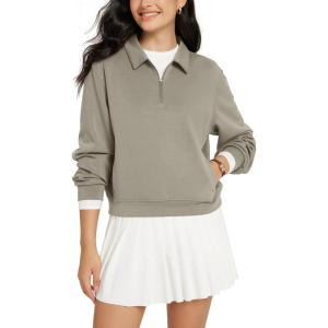imageODODOS Modal Soft HalfZip Collared Sweatshirts for Women Long Sleeve Relaxed Fit Pullover Top with PocketsKhaki