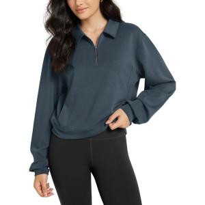 imageODODOS Modal Soft HalfZip Collared Sweatshirts for Women Long Sleeve Relaxed Fit Pullover Top with PocketsNavy