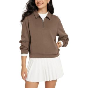 imageODODOS Modal Soft HalfZip Collared Sweatshirts for Women Long Sleeve Relaxed Fit Pullover Top with PocketsNutria