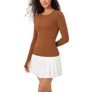 imageODODOS Womens Long Sleeve Shirts with Thumb Hole Cloud Feeling Soft Crew Neck Slim Fit Tee Yoga Athletic Workout TopsCaramel