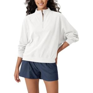 imageODODOS Womens Purevibe Cotton HalfZip Pullover Funnel Neck Sweatshirts Long Sleeve TopsWhite