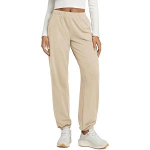 imageODODOS Womens Brushed Fleece Jogger Sweatpants  Cozy Warm Adjustable HighRise Relaxed Lounge Pants with PocketsBeige Heather