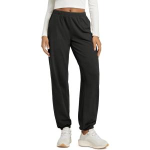 imageODODOS Womens Brushed Fleece Jogger Sweatpants  Cozy Warm Adjustable HighRise Relaxed Lounge Pants with PocketsBlack