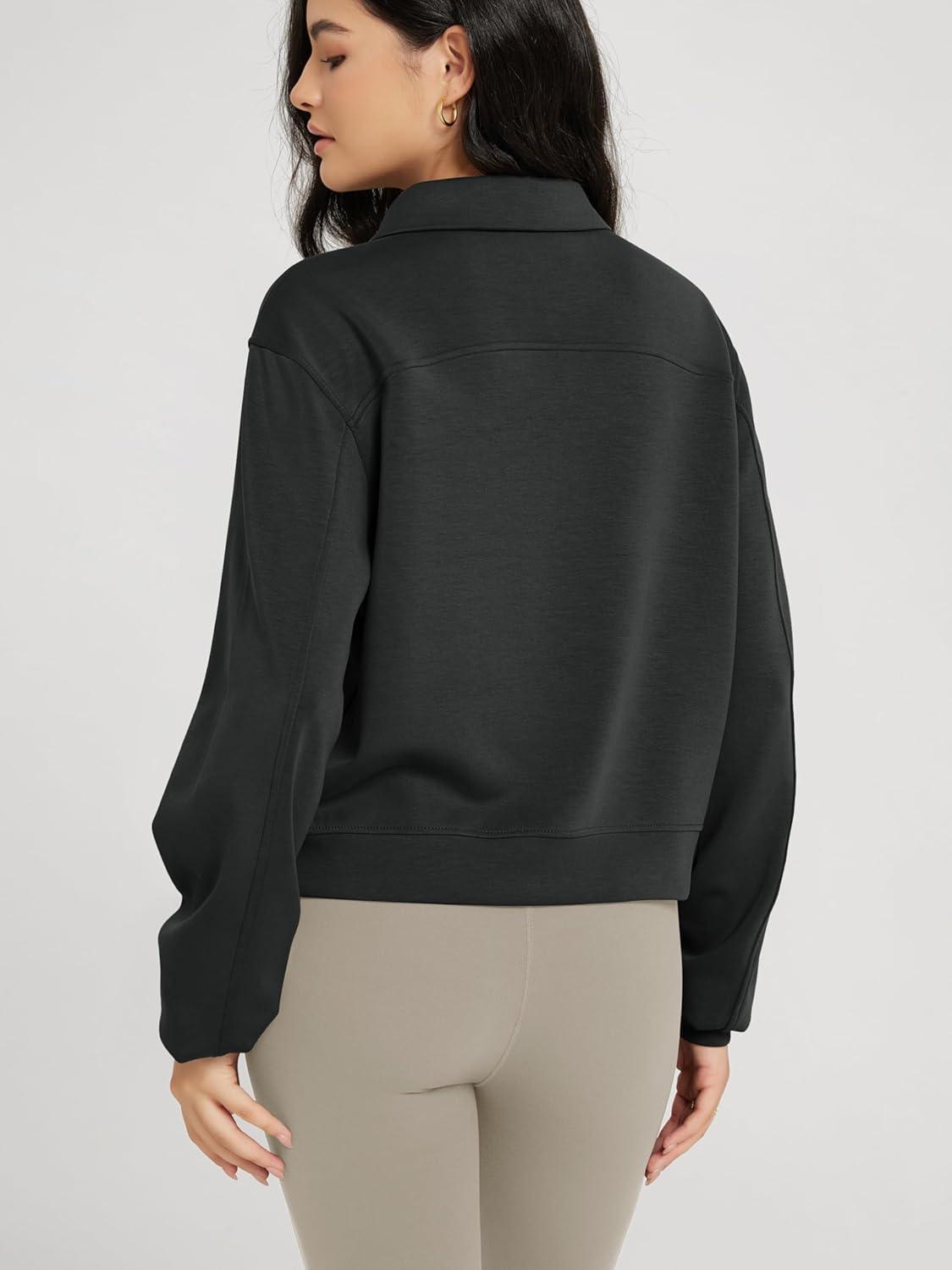 imageODODOS Modal Soft HalfZip Collared Sweatshirts for Women Long Sleeve Relaxed Pullover Top with PocketsBlack