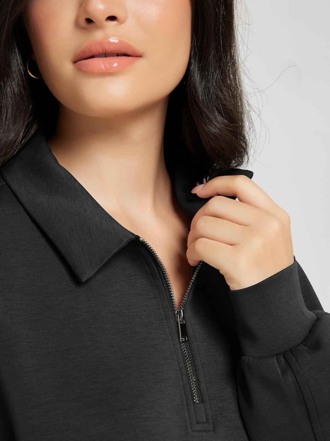 imageODODOS Modal Soft HalfZip Collared Sweatshirts for Women Long Sleeve Relaxed Pullover Top with PocketsBlack