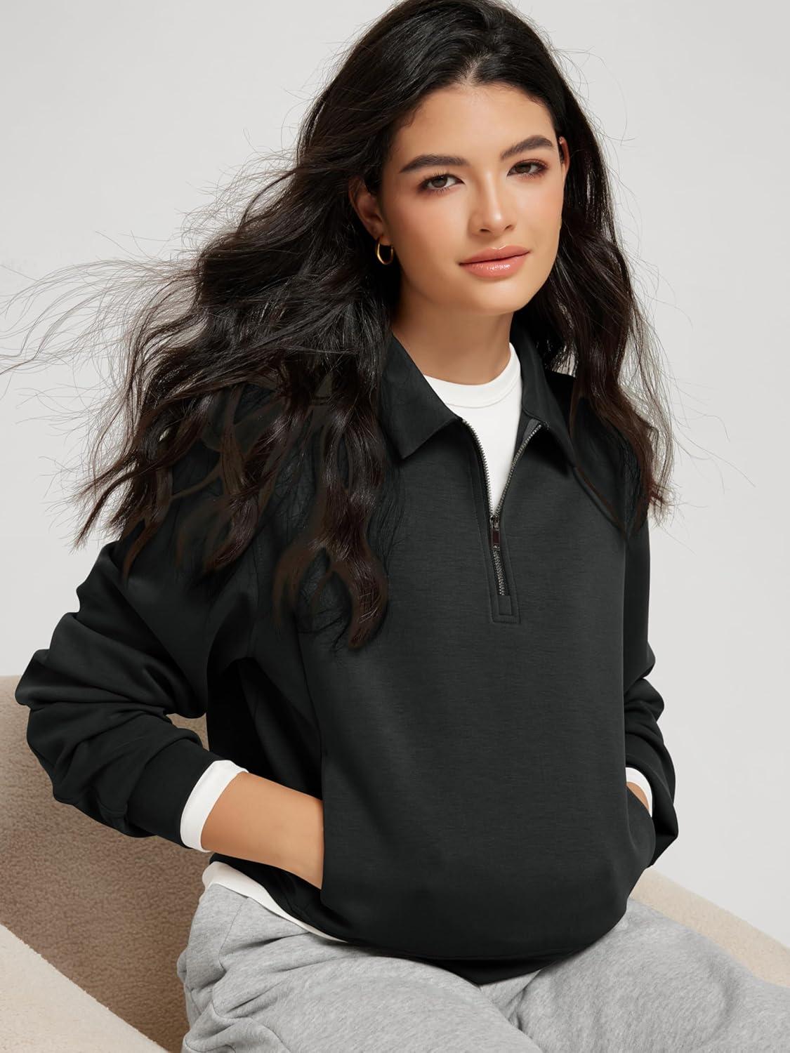 imageODODOS Modal Soft HalfZip Collared Sweatshirts for Women Long Sleeve Relaxed Pullover Top with PocketsBlack