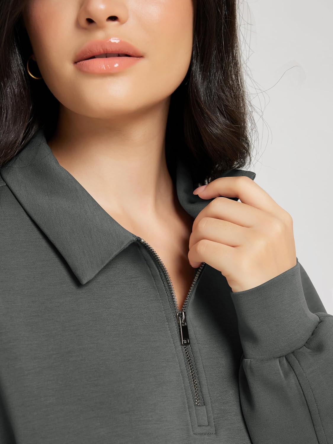 imageODODOS Modal Soft HalfZip Collared Sweatshirts for Women Long Sleeve Relaxed Pullover Top with PocketsCharcoal