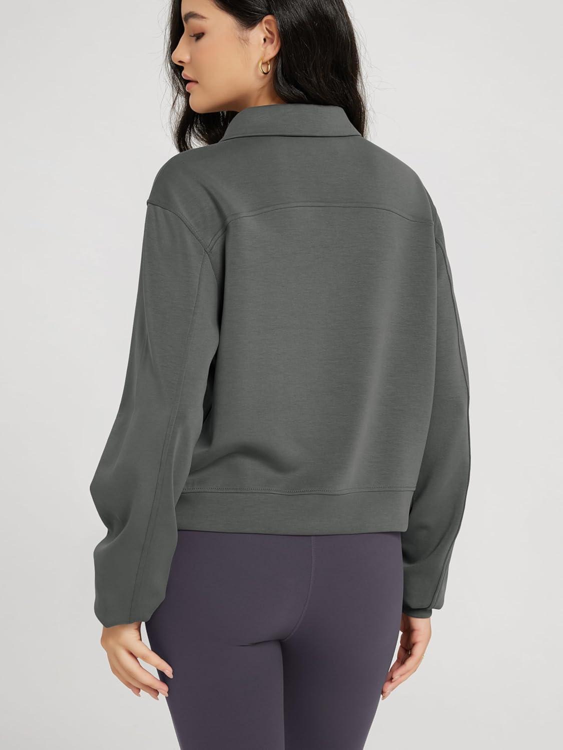 imageODODOS Modal Soft HalfZip Collared Sweatshirts for Women Long Sleeve Relaxed Pullover Top with PocketsCharcoal