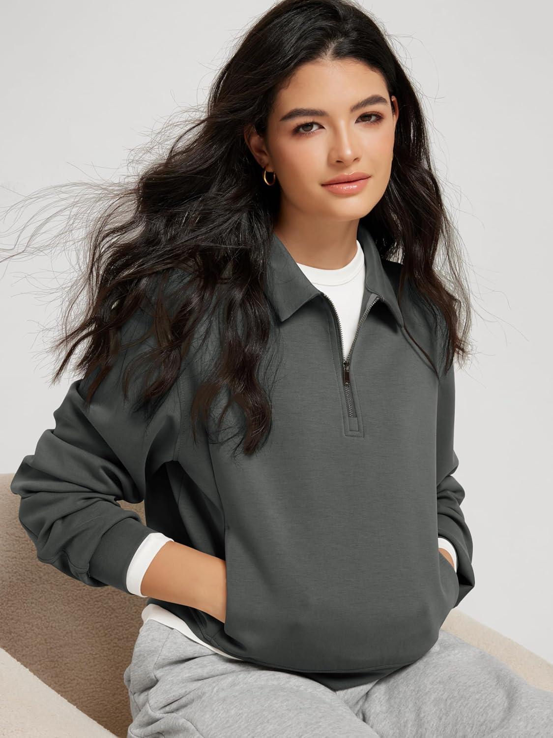 imageODODOS Modal Soft HalfZip Collared Sweatshirts for Women Long Sleeve Relaxed Pullover Top with PocketsCharcoal
