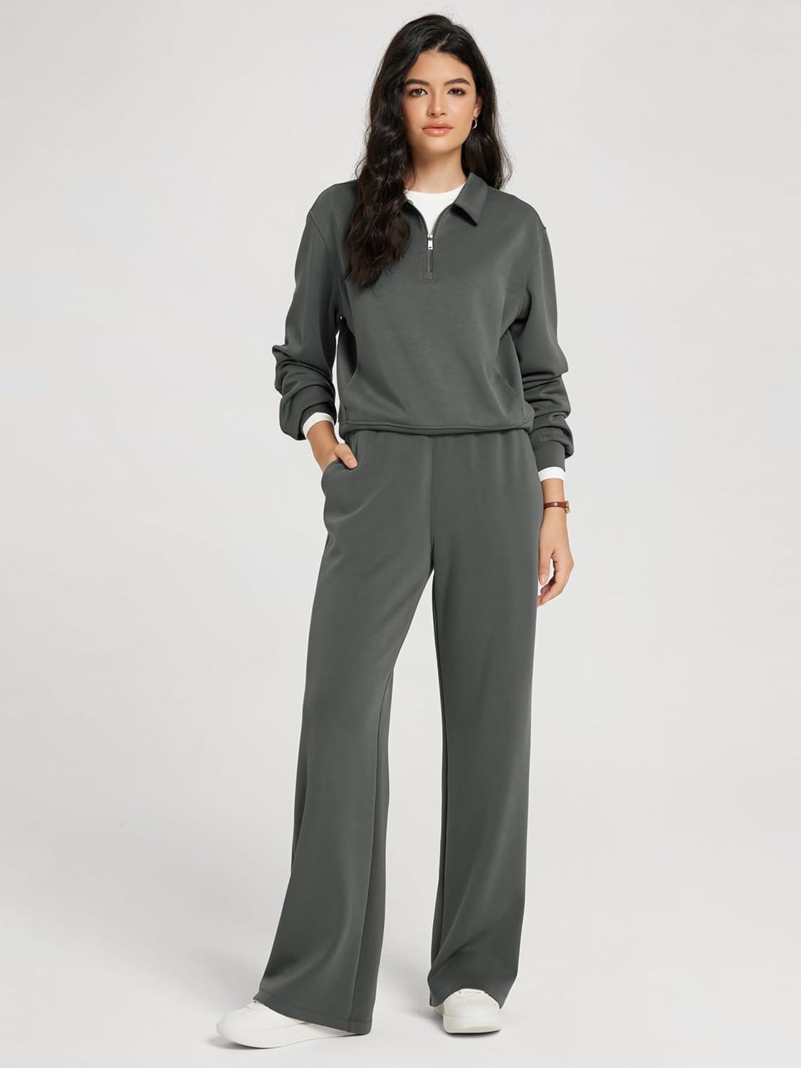 imageODODOS Modal Soft HalfZip Collared Sweatshirts for Women Long Sleeve Relaxed Pullover Top with PocketsCharcoal