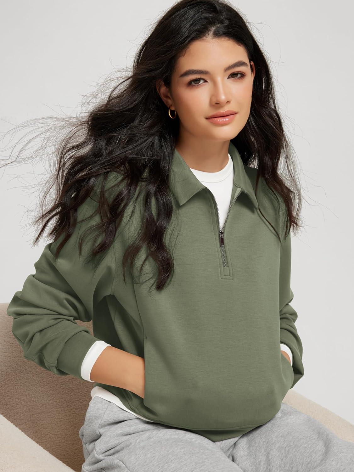 imageODODOS Modal Soft HalfZip Collared Sweatshirts for Women Long Sleeve Relaxed Pullover Top with PocketsDark Sage