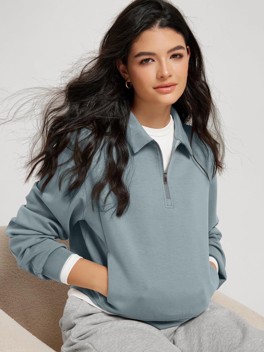 imageODODOS Modal Soft HalfZip Collared Sweatshirts for Women Long Sleeve Relaxed Pullover Top with PocketsGrey Blue