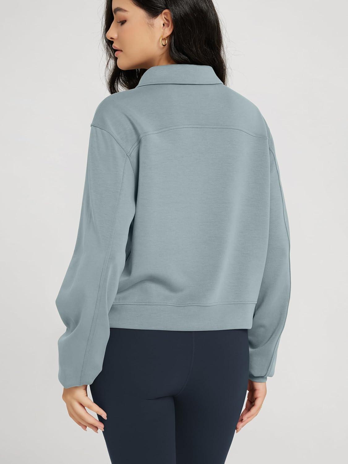 imageODODOS Modal Soft HalfZip Collared Sweatshirts for Women Long Sleeve Relaxed Pullover Top with PocketsGrey Blue