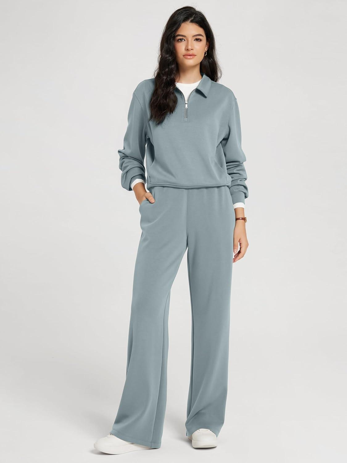 imageODODOS Modal Soft HalfZip Collared Sweatshirts for Women Long Sleeve Relaxed Pullover Top with PocketsGrey Blue