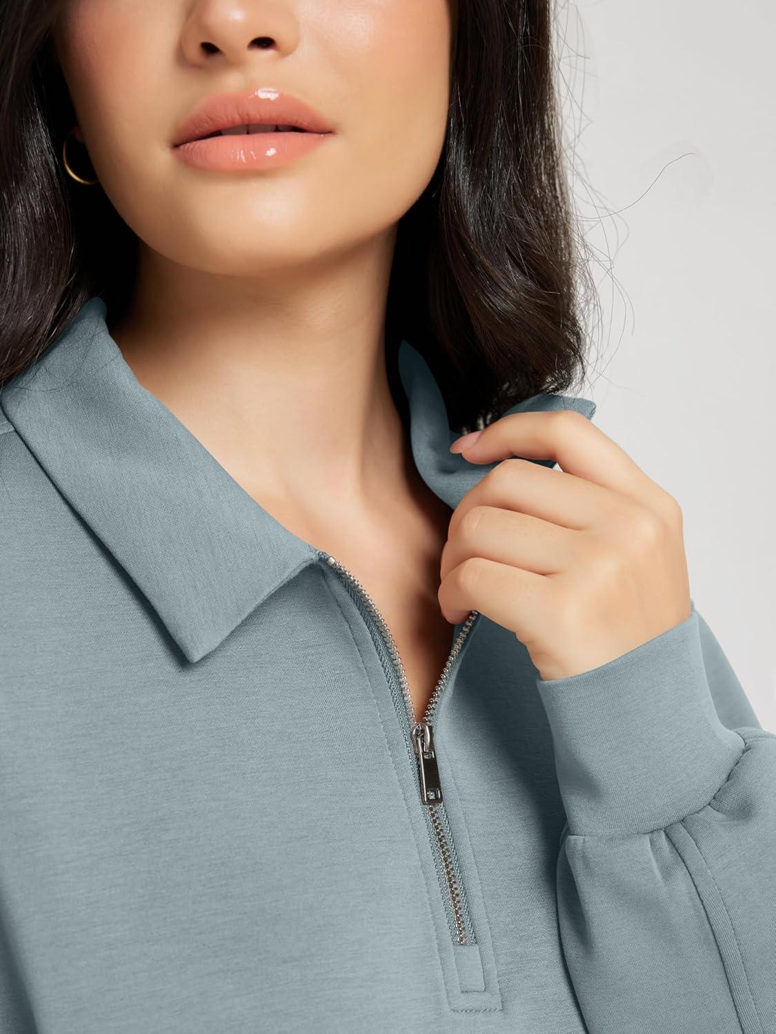 imageODODOS Modal Soft HalfZip Collared Sweatshirts for Women Long Sleeve Relaxed Pullover Top with PocketsGrey Blue
