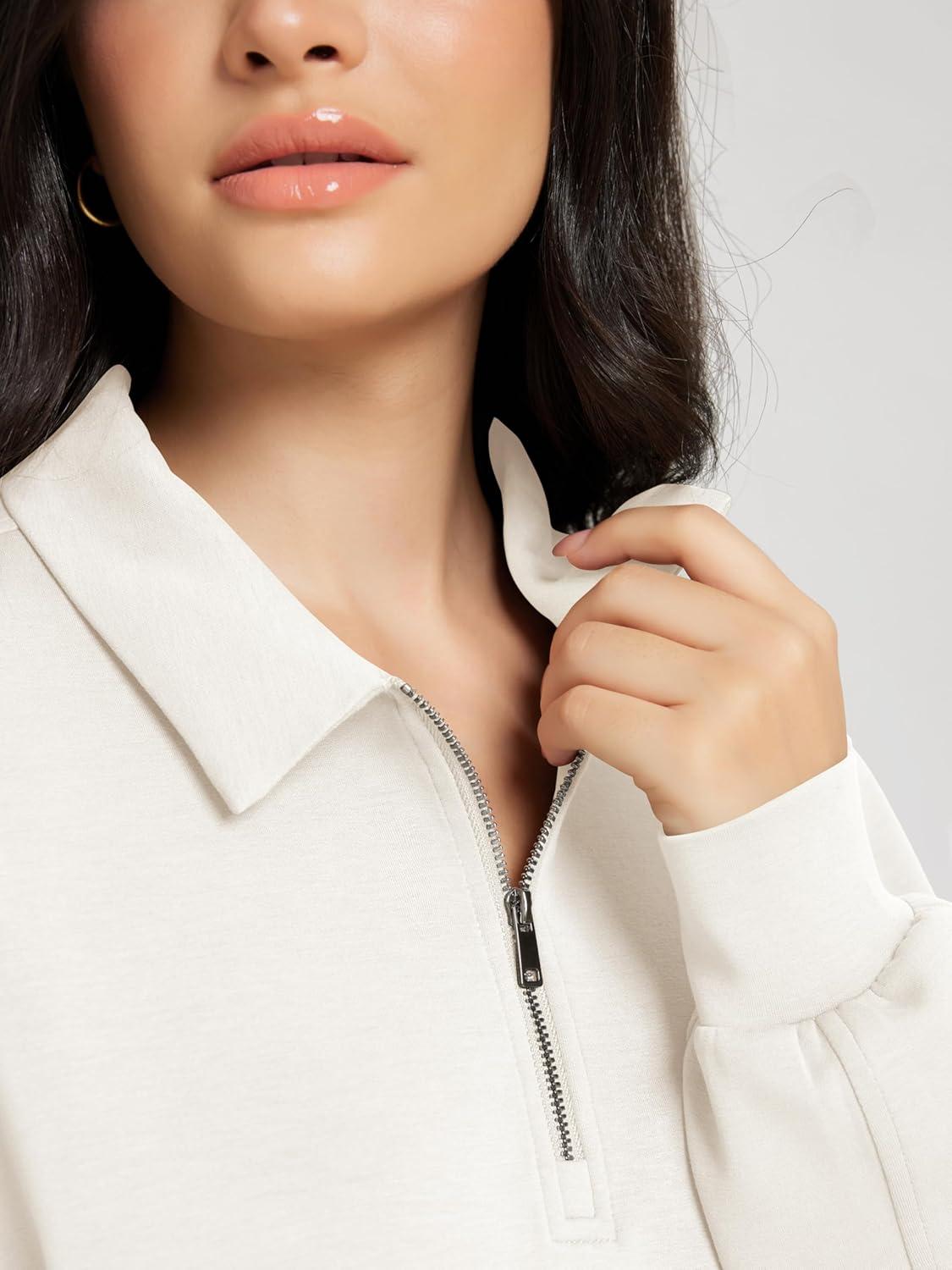 imageODODOS Modal Soft HalfZip Collared Sweatshirts for Women Long Sleeve Relaxed Pullover Top with PocketsIvory