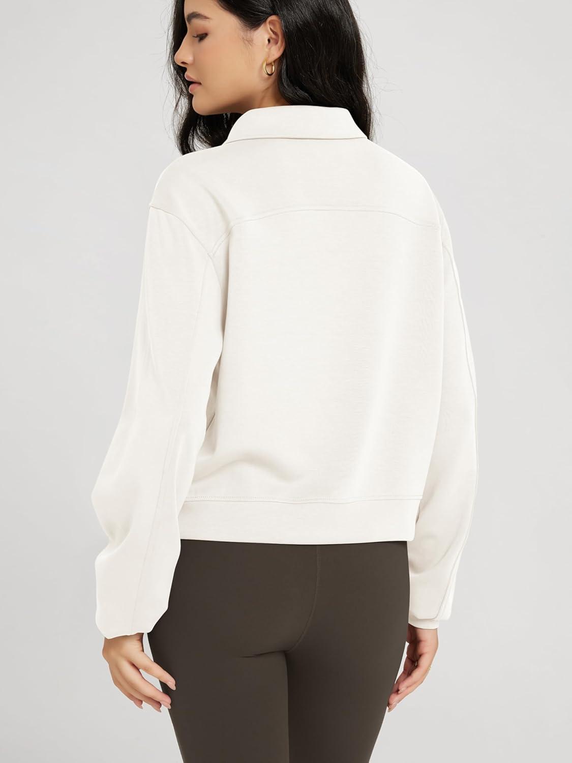 imageODODOS Modal Soft HalfZip Collared Sweatshirts for Women Long Sleeve Relaxed Pullover Top with PocketsIvory