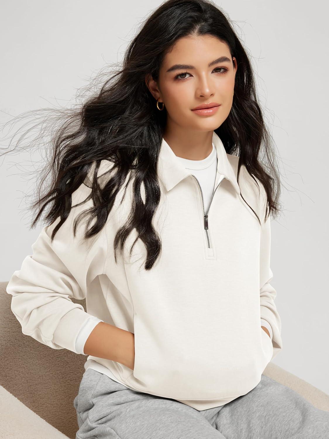 imageODODOS Modal Soft HalfZip Collared Sweatshirts for Women Long Sleeve Relaxed Pullover Top with PocketsIvory