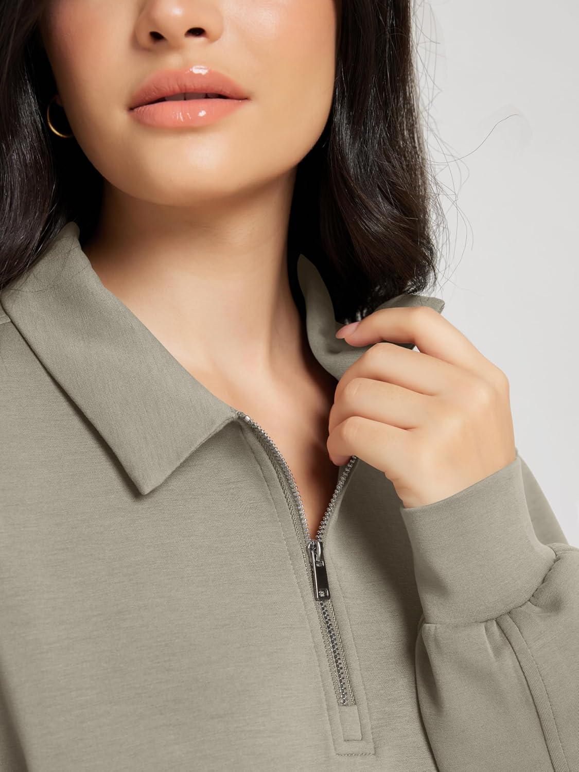 imageODODOS Modal Soft HalfZip Collared Sweatshirts for Women Long Sleeve Relaxed Pullover Top with PocketsKhaki