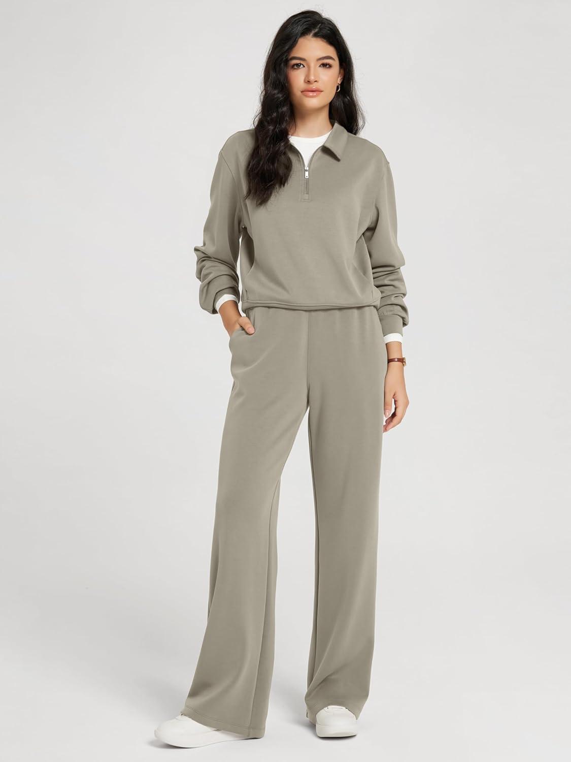 imageODODOS Modal Soft HalfZip Collared Sweatshirts for Women Long Sleeve Relaxed Pullover Top with PocketsKhaki