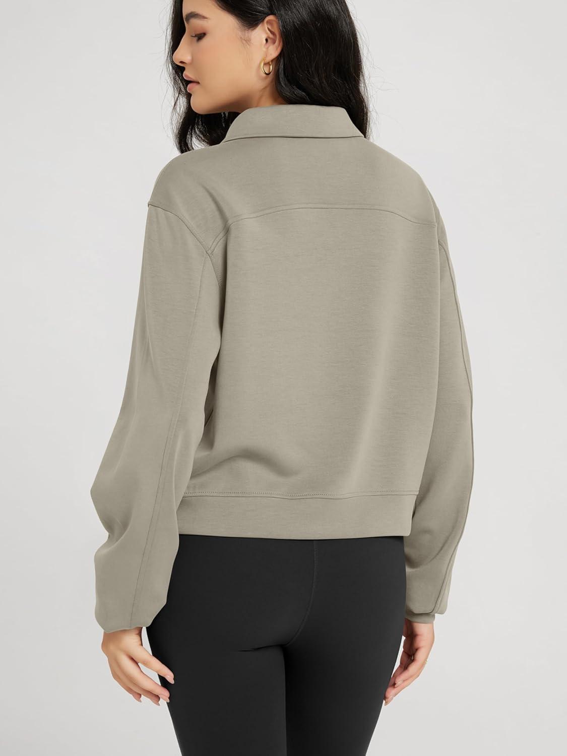 imageODODOS Modal Soft HalfZip Collared Sweatshirts for Women Long Sleeve Relaxed Pullover Top with PocketsKhaki