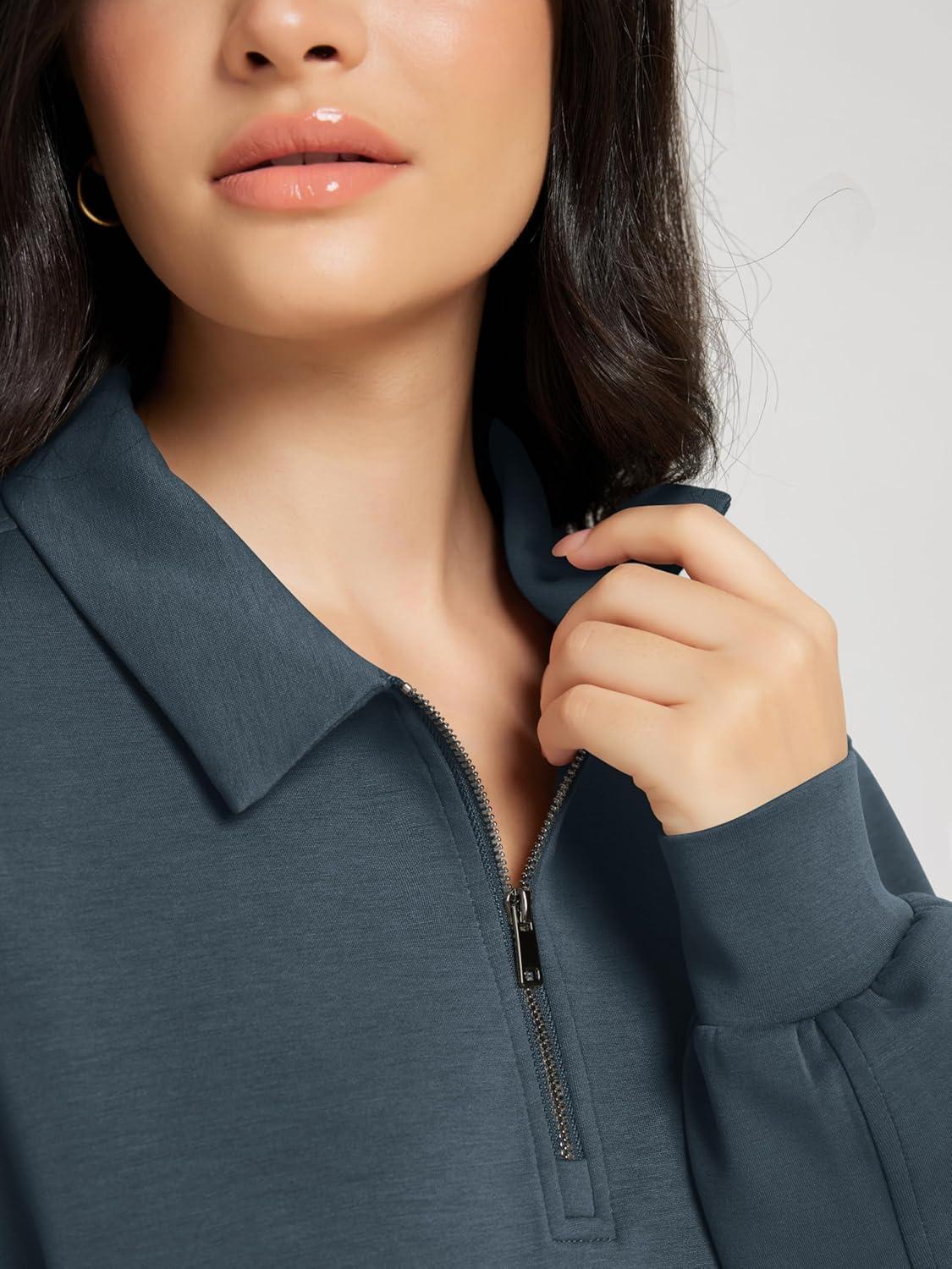imageODODOS Modal Soft HalfZip Collared Sweatshirts for Women Long Sleeve Relaxed Pullover Top with PocketsNavy
