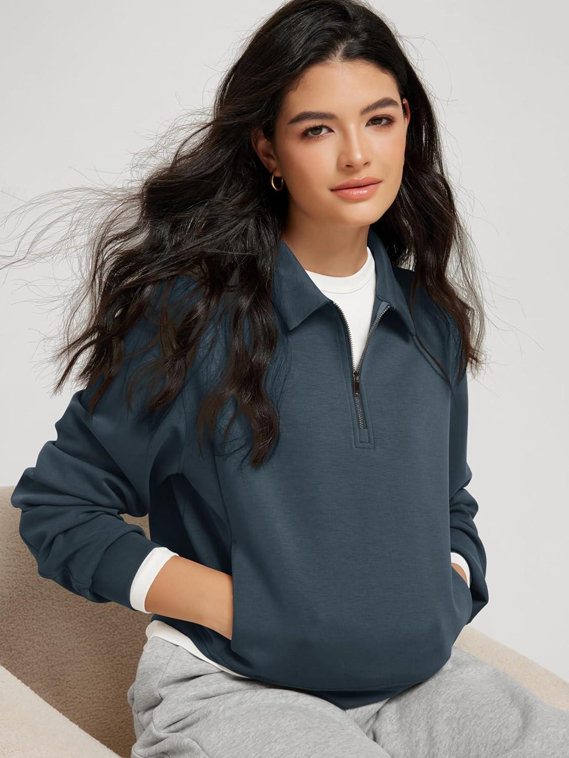 imageODODOS Modal Soft HalfZip Collared Sweatshirts for Women Long Sleeve Relaxed Pullover Top with PocketsNavy
