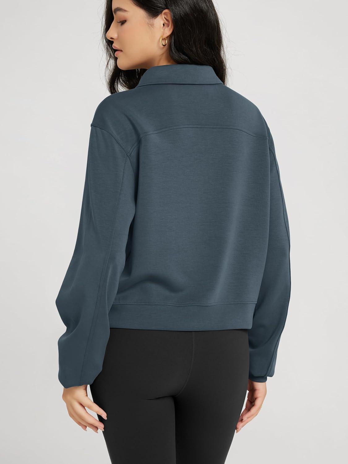 imageODODOS Modal Soft HalfZip Collared Sweatshirts for Women Long Sleeve Relaxed Pullover Top with PocketsNavy