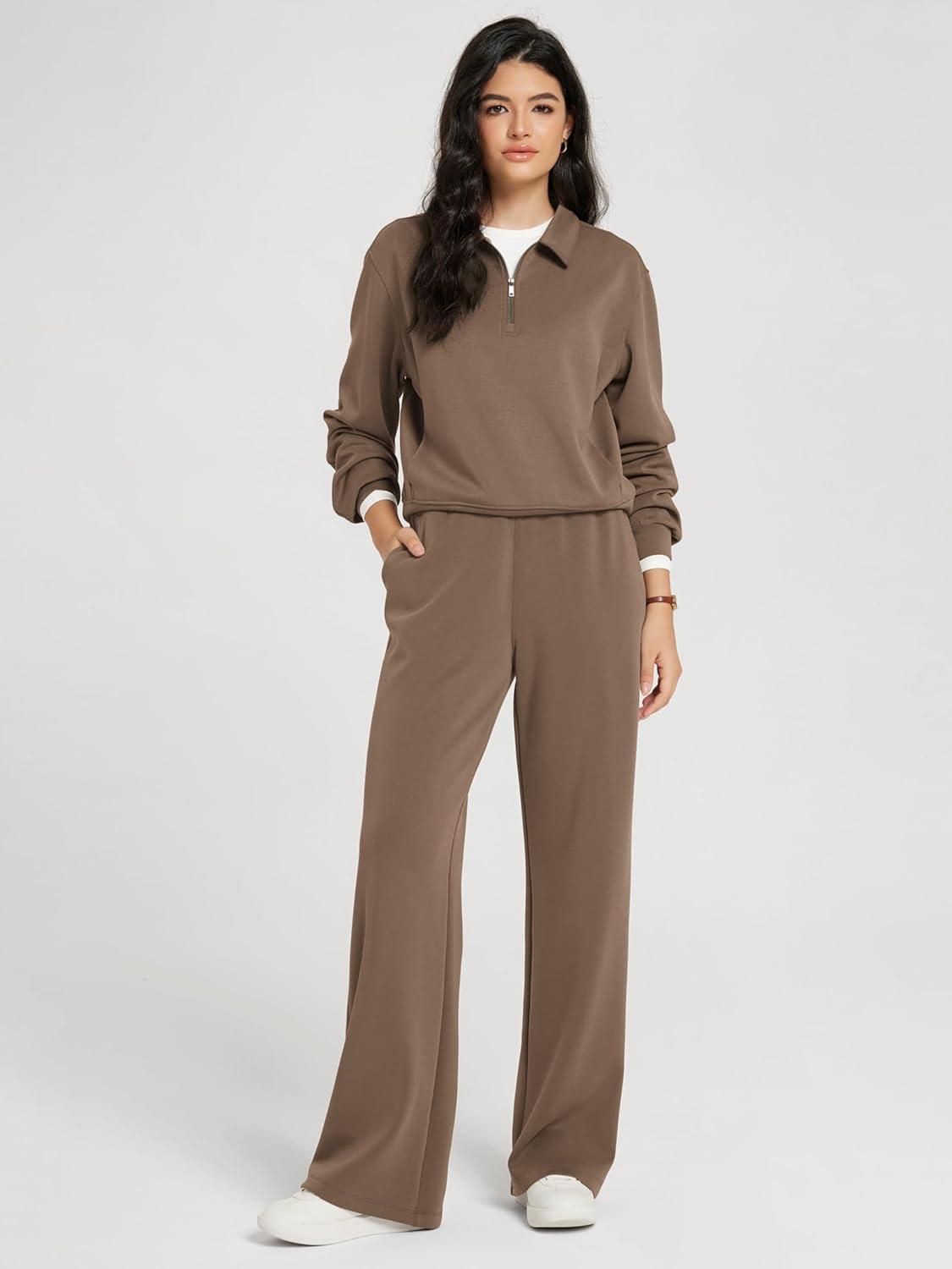 imageODODOS Modal Soft HalfZip Collared Sweatshirts for Women Long Sleeve Relaxed Pullover Top with PocketsNutria