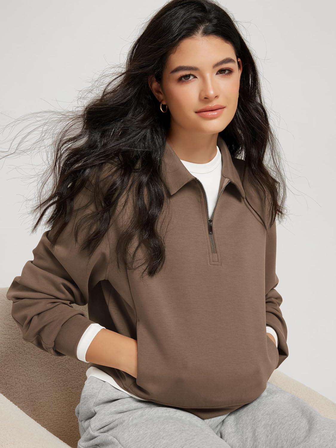 imageODODOS Modal Soft HalfZip Collared Sweatshirts for Women Long Sleeve Relaxed Pullover Top with PocketsNutria