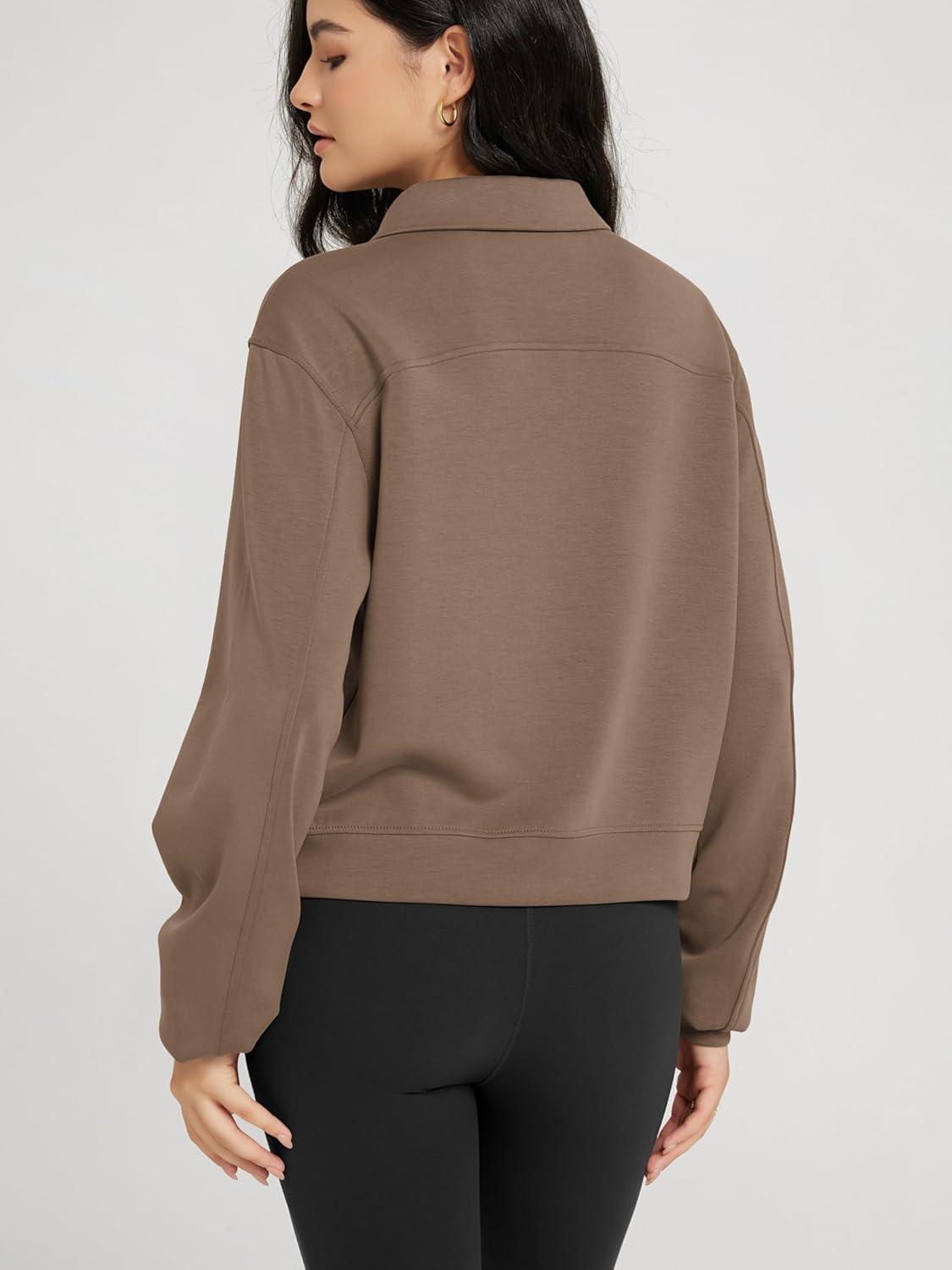 imageODODOS Modal Soft HalfZip Collared Sweatshirts for Women Long Sleeve Relaxed Pullover Top with PocketsNutria