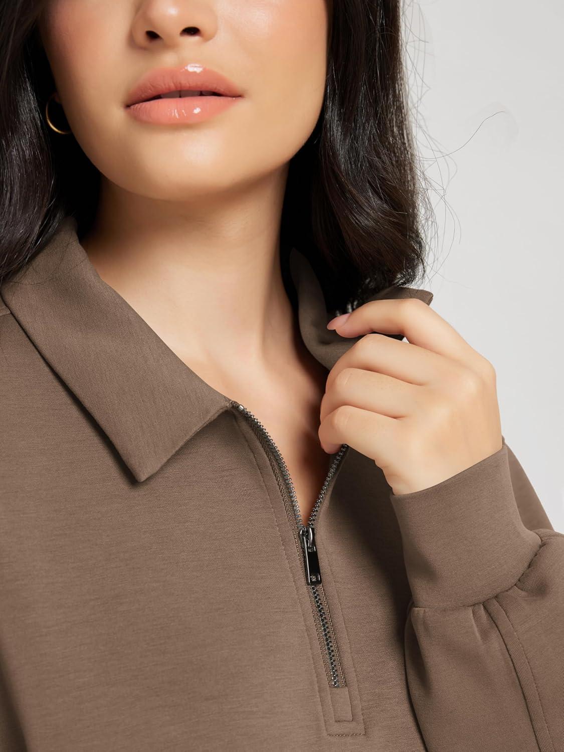imageODODOS Modal Soft HalfZip Collared Sweatshirts for Women Long Sleeve Relaxed Pullover Top with PocketsNutria