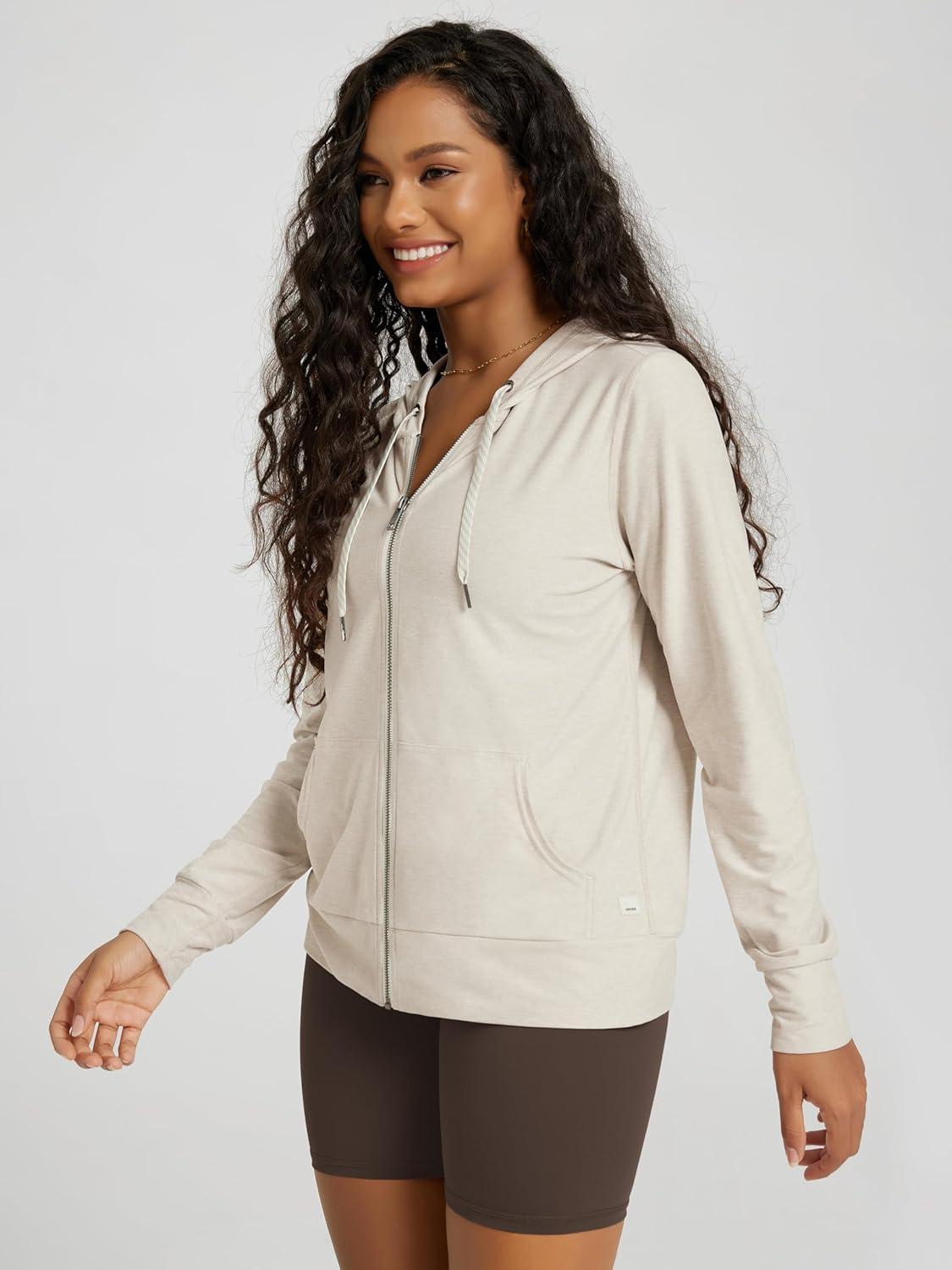 imageODODOS Womens FullZip Hoodie  Stratum Tech Ultra Soft Outfit UPF 50 Performance Hooded Jacket with PocketsMilkweed Heather