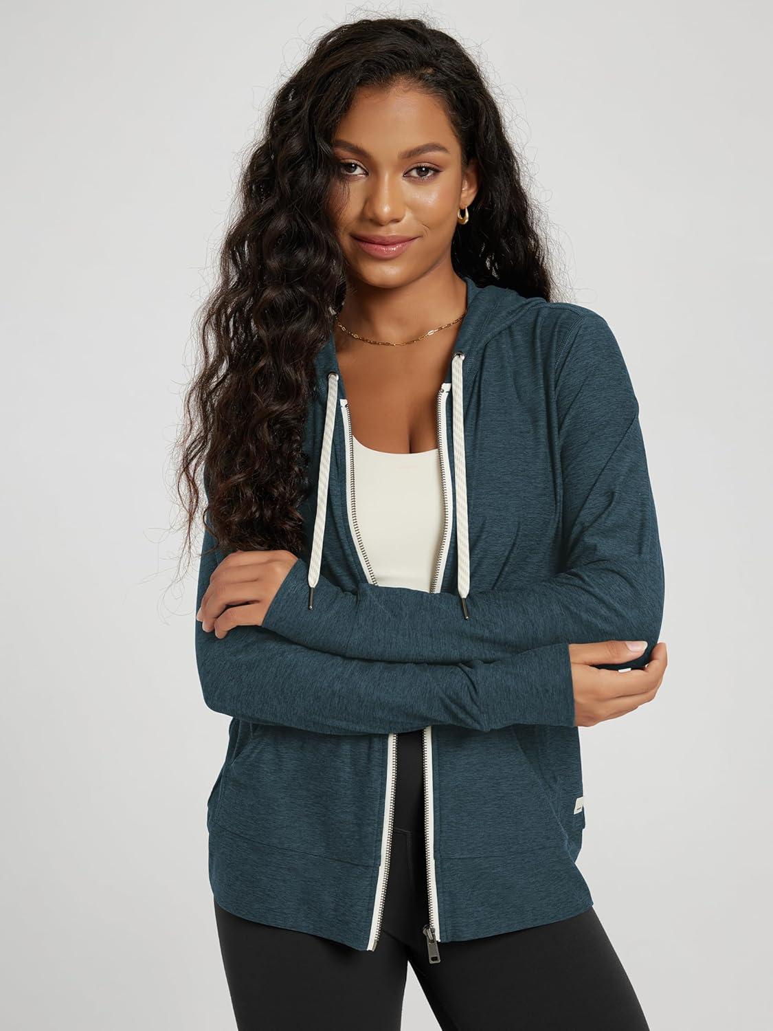 imageODODOS Womens FullZip Hoodie  Stratum Tech Ultra Soft Outfit UPF 50 Performance Hooded Jacket with PocketsNavy Heather