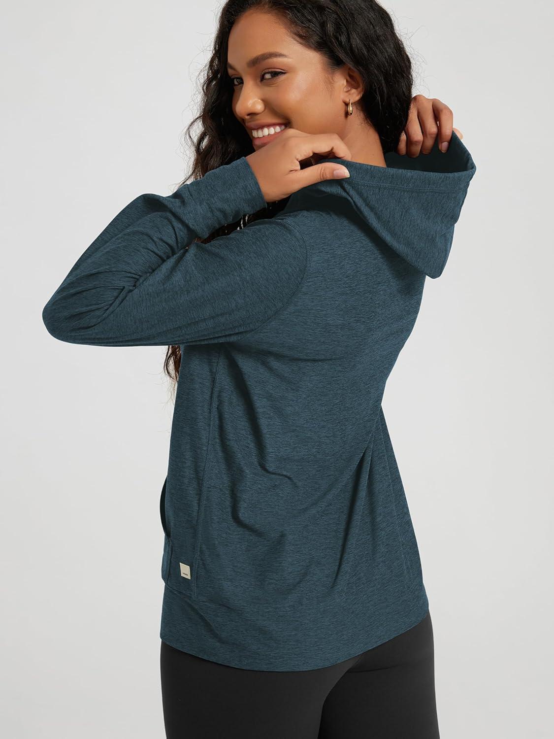 imageODODOS Womens FullZip Hoodie  Stratum Tech Ultra Soft Outfit UPF 50 Performance Hooded Jacket with PocketsNavy Heather