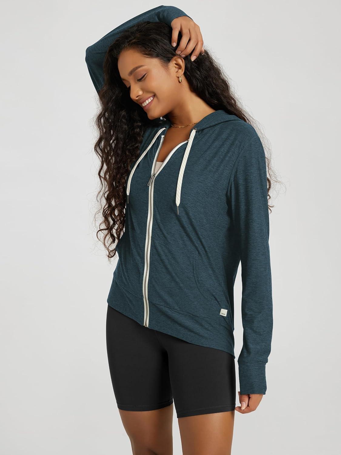 imageODODOS Womens FullZip Hoodie  Stratum Tech Ultra Soft Outfit UPF 50 Performance Hooded Jacket with PocketsNavy Heather