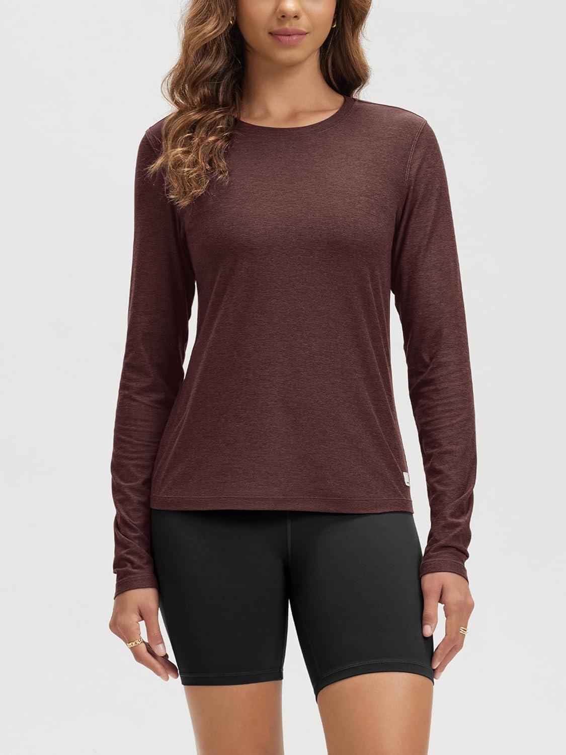 imageODODOS Womens Long Sleeve TShirt  Ultra Soft Stratum Tech Performance Top UPF 50 Breathable Crew Neck PulloverJava Heather