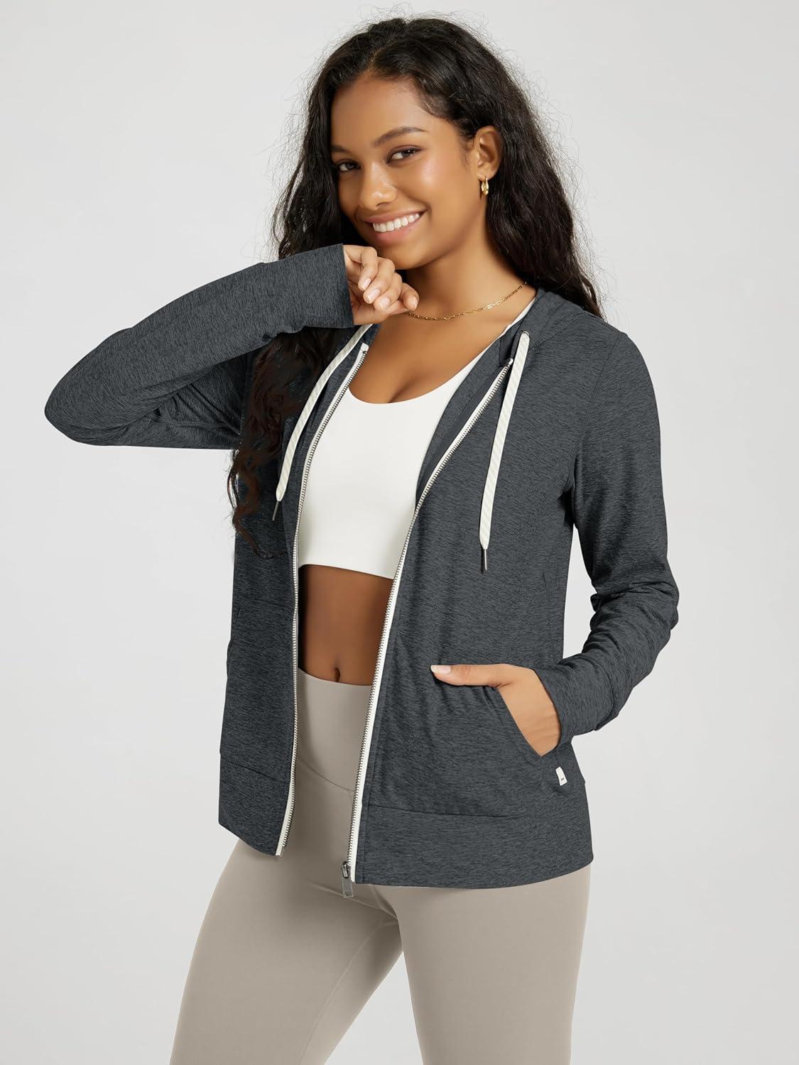 imageODODOS Womens FullZip Hoodie  Stratum Tech Ultra Soft Outfit UPF 50 Performance Hooded Jacket with PocketsCharcoal Heather