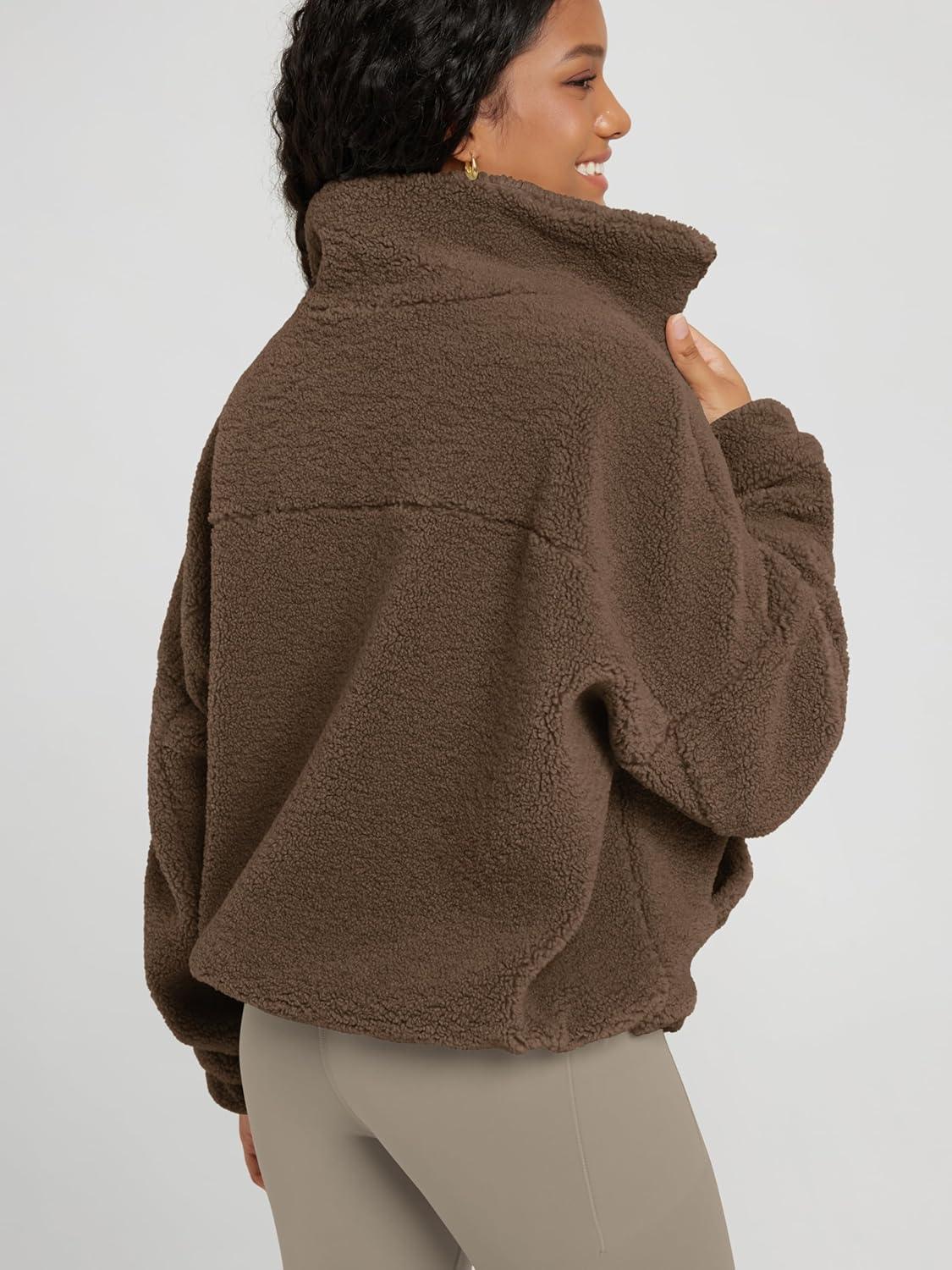imageODODOS Womens Sherpa Fleece FullZip Jacket Long Sleeve Coat Soft Warm Cinchable Outerwear with PocketsCoffee Brown