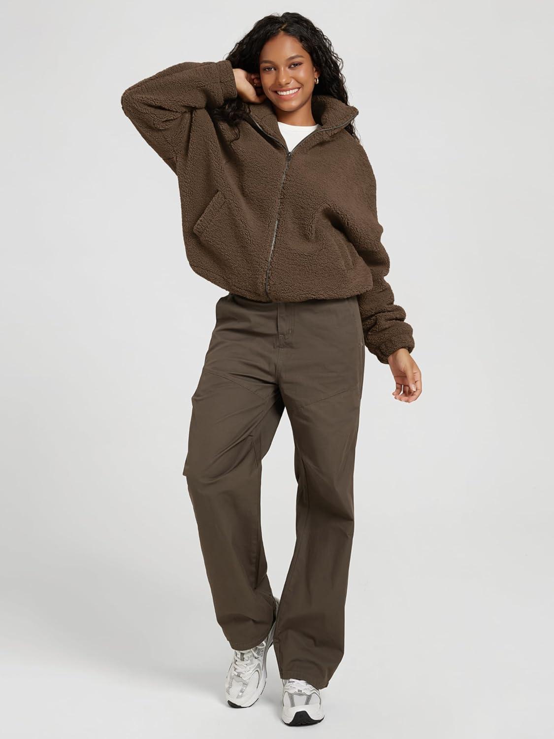 imageODODOS Womens Sherpa Fleece FullZip Jacket Long Sleeve Coat Soft Warm Cinchable Outerwear with PocketsCoffee Brown