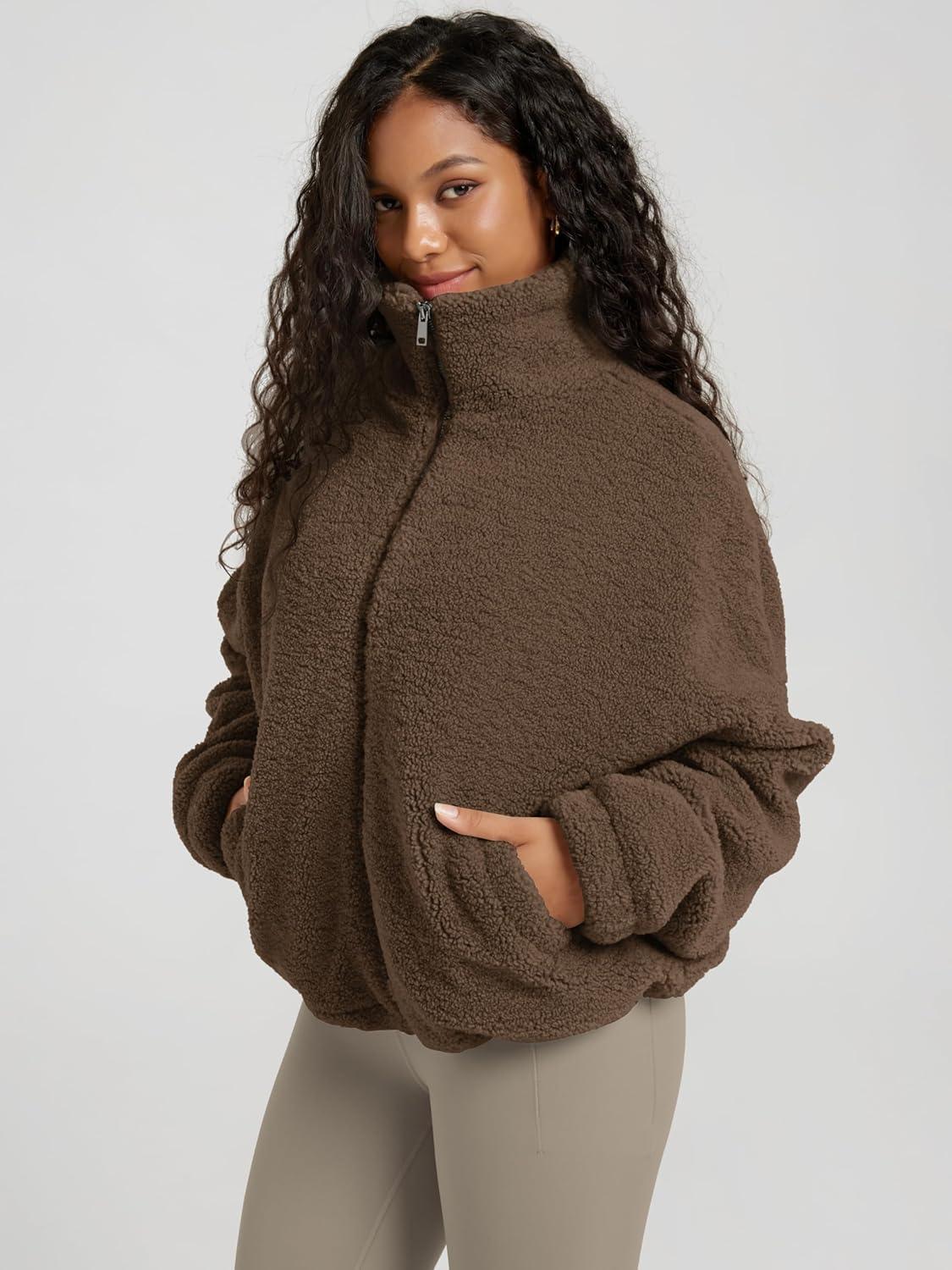 imageODODOS Womens Sherpa Fleece FullZip Jacket Long Sleeve Coat Soft Warm Cinchable Outerwear with PocketsCoffee Brown