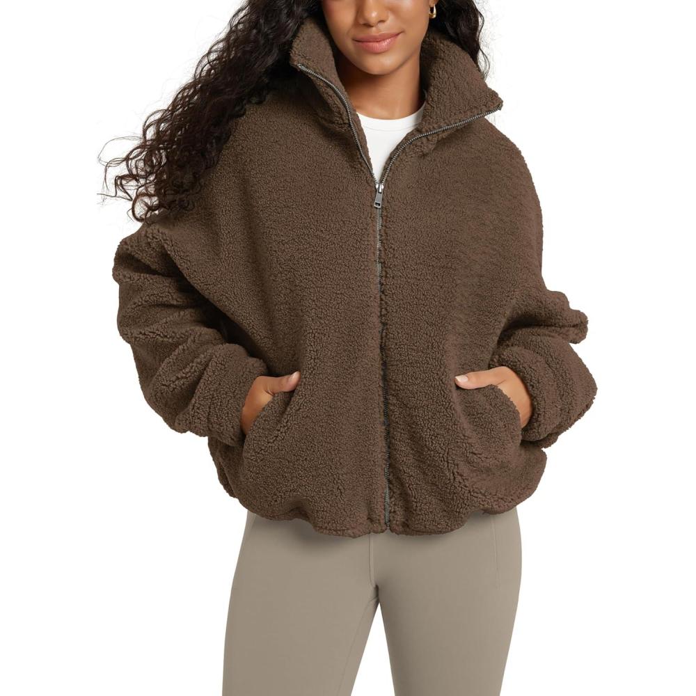 imageODODOS Womens Sherpa Fleece FullZip Jacket Long Sleeve Coat Soft Warm Cinchable Outerwear with PocketsCoffee Brown