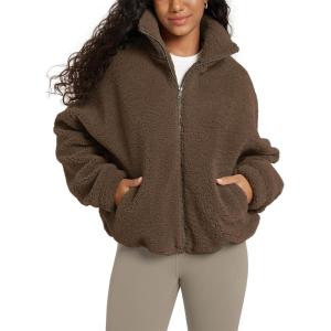 imageODODOS Womens Sherpa Fleece FullZip Jacket Long Sleeve Coat Soft Warm Cinchable Outerwear with PocketsCoffee Brown