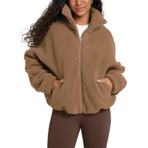 imageODODOS Womens Sherpa Fleece FullZip Jacket Long Sleeve Coat Soft Warm Cinchable Outerwear with PocketsCognac Copper