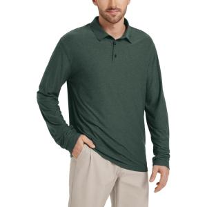 imageODODOS Mens Performance Long Sleeve Polo Stratum Tech Golf TShirts Ultra Soft Moisture Wicking UPF 50 Casual TopsAspen Heather